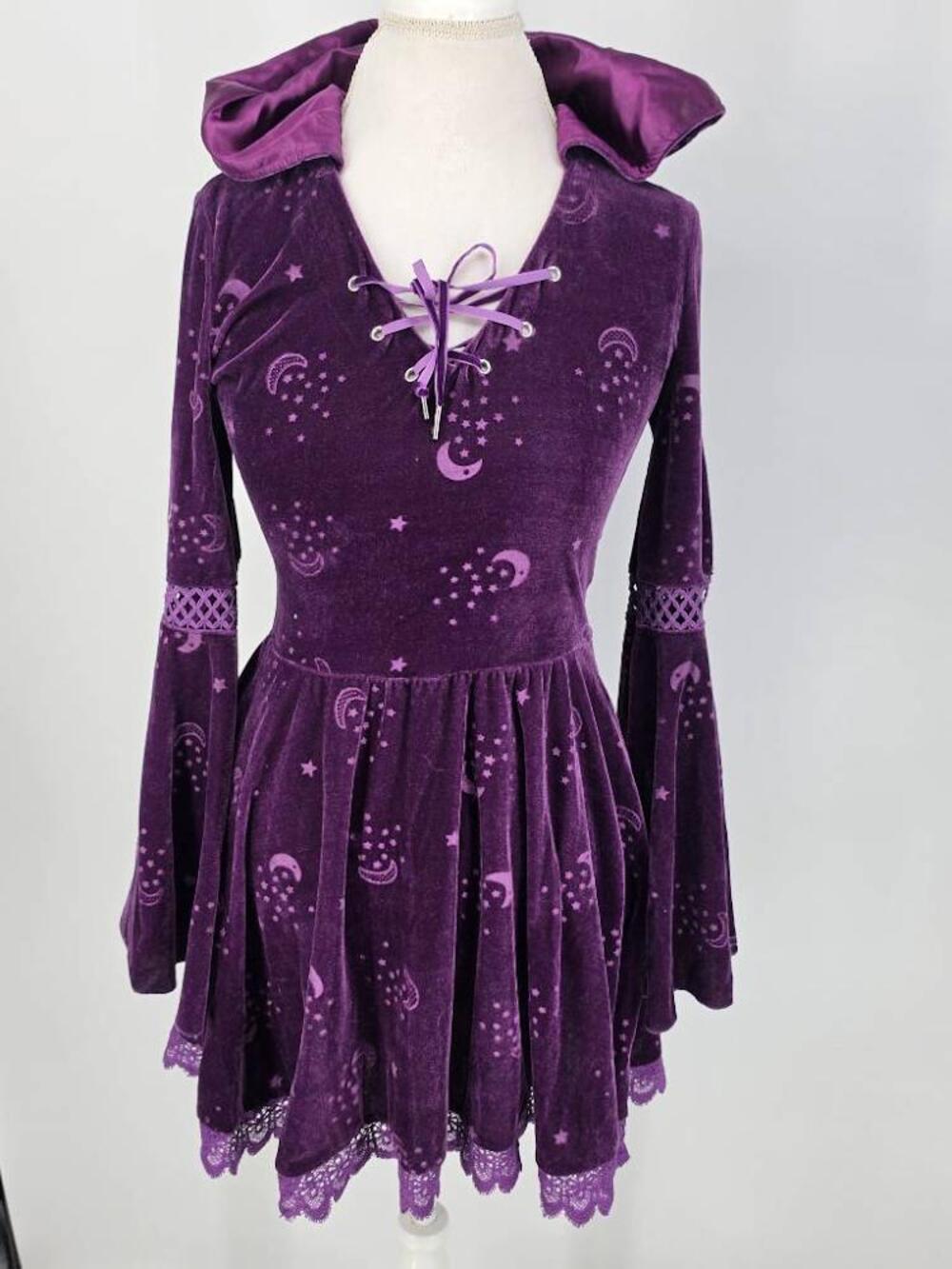 Spirit Halloween Womens S Purple Velvet Celestial Witch Dress Hooded Whimsigoth